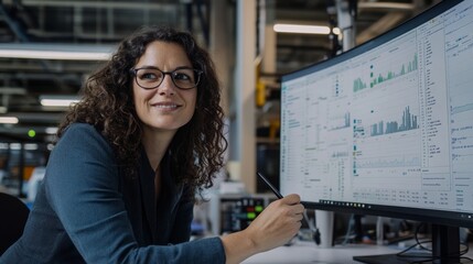 Aufkleber - A cheerful woman is seated at her desk, attentively analyzing productivity data displayed on a large digital screen while holding a stylus, showcasing focus and engagement