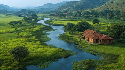 Wall Mural - Serene River Winding Through Lush Greenery