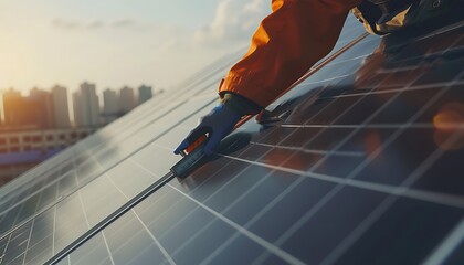 Poster - Engineer Measuring Solar Panel Edge on City Rooftop