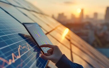 Poster - Engineer Holding Tablet Near Solar Panels on High-Rise Rooftop