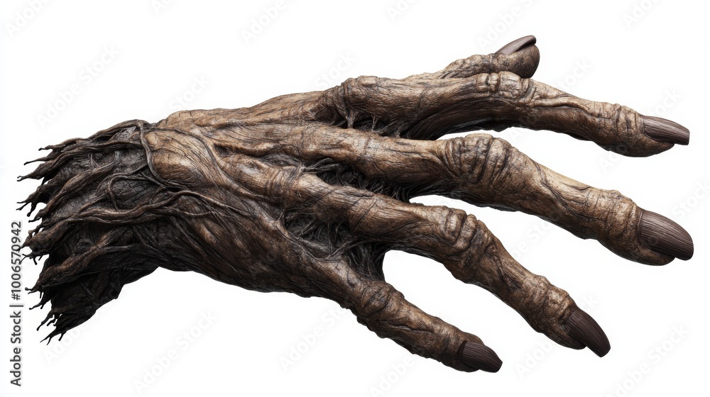 A very realistic photo of an alien hand. The skin is dark grayish brown ...