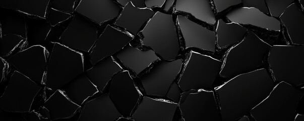 Aufkleber - A striking visual of shattered black glass pieces illuminated against a dark background, showcasing a dramatic interplay of light and shadow among the fractured surfaces.