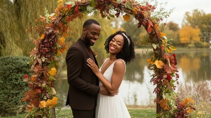 Autumn wedding day of beautiful young adult black couple, bride and groom in elegant festive clothes against fall yellow and crimson landscape outdoors, AI generated image