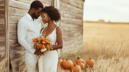 Wall Mural - Autumn wedding day of beautiful young adult black couple, bride and groom in elegant festive clothes against fall yellow and crimson landscape outdoors, AI generated image