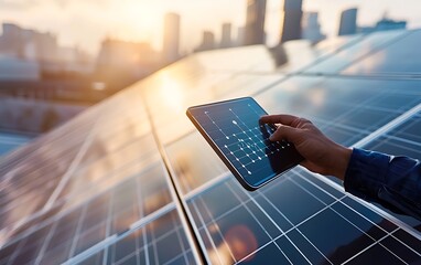 Poster - Engineer Holding Tablet Near Solar Panels on High-Rise Rooftop