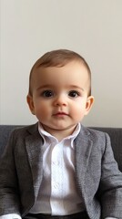 Poster - A baby boy in a suit sitting on a couch