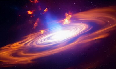 Wall Mural - A swirling galaxy with a bright center surrounded by orange and red gas clouds, with a blue beam of light shooting out from the center, against a black starry background