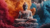 Stone statue of buddha meditating against color explosion background