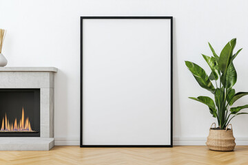Wall Mural - elegant poster frame in a stylish living room, featuring a cozy fireplace, showcasing contemporary l
