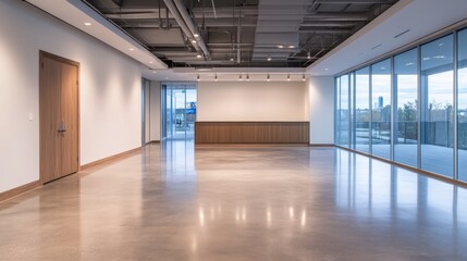 Poster - a spacious office area features smooth concrete flooring and a glass door, illuminated by natural li