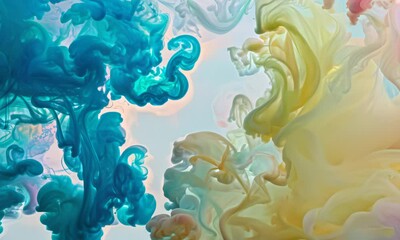 Wall Mural - abstract swirling patterns of blue, yellow, and white ink in water. create an ethereal and captivati