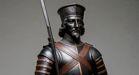 Medieval soldier statue portrait on plain dark background