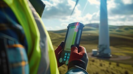 Poster - Engineer Holding Wind Measuring Device Near Giant Turbine