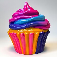 Wall Mural - A colorful cupcake with pink blue yellow and purple frosting on top