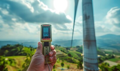 Poster - Engineer’s Hand with Wind Measuring Device Near Turbine Base