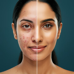 indian woman with acne-prone skin on the left side and smooth, clear skin on the rest side.
