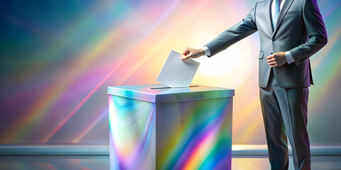 Sticker - Wide Shot of Holographic Voter Casting a Vote on Plain Background � Eye-Catching Visual for Promoting Future-Focused Election Participation