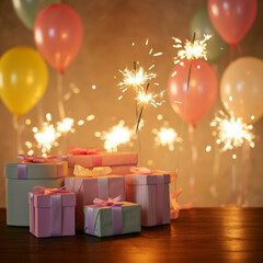 Poster - Birthday Gifts With Balloons On A Table With Glittering Sparklers Bokeh Background