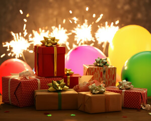 Poster - Birthday Gifts With Balloons On A Table With Glittering Sparklers Bokeh Background