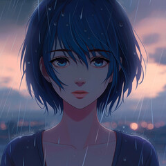 Poster - romantic lofi anime woman in rainy day , moody air , fantasy sky , deep think