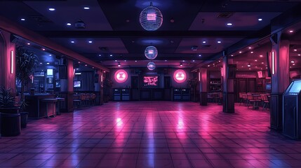 Empty nightclub with disco ball and neon lights. Nightlife, clubbing, music, party atmosphere.