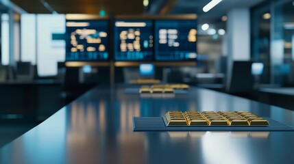Poster - a sophisticated financial office features gold bars on a glass table, with large screens displaying 