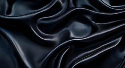 Black satin fabric, an elegant and luxurious background. Dark silk texture. Black cloth background. Black silk satin fabric with waves of soft folds