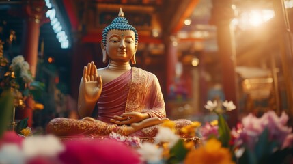 A large Buddha statue in vibrant colors, adorned with flowers and offerings, stands against a softly blurred temple backdrop, embodying serenity and spirituality