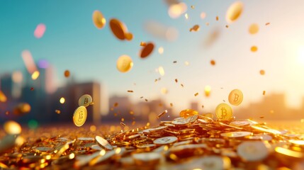 Aufkleber - Golden bitcoins tumble from a clear blue sky, reflecting light as they fall towards a blurred city below, representing a booming digital economy and wealth possibilities