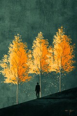 Wall Mural - Minimalist illustration of yellow trees along the road, a man walking in front of them, dark green background, gold and black color palette, golden ratio composition, surreal golden light, in the styl