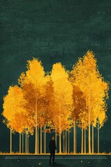 Wall Mural - Minimalist illustration of yellow trees along the road, a man walking in front of them, dark green background, gold and black color palette, golden ratio composition, surreal golden light, in the styl