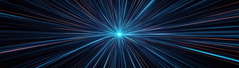 Poster - Abstract blue light streaks radiate from a central point, creating a dynamic, futuristic tunnel effect on a dark background.