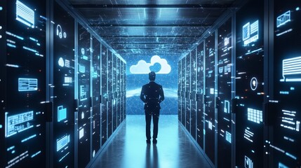 Poster - Modern tech scene showcasing a data center hallway with a cloud symbol and a silhouetted figure in blue light.
