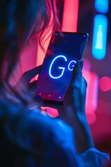 A person is holding a smartphone with a blue G displayed on the screen, standing in a room with vibrant pink and blue neon lights