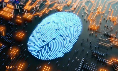 Poster - a glowing blue fingerprint on a circuit board, representing the intersection of technology and perso