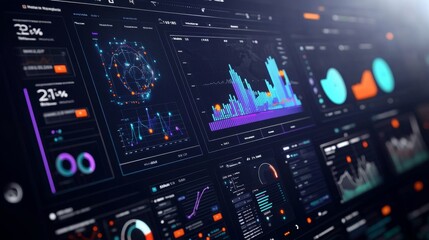 Poster - An advanced digital analytics dashboard features diverse charts and graphs showcasing complex data insights and trends.