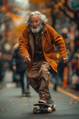 Reveling in his second youth, an 80-year-old man brings a dynamic energy to city streets as he skateboards. His active lifestyle is a living proof of his health and vitality