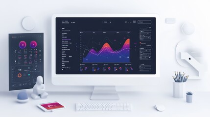 Poster - A graphical representation of a modern data dashboard on a computer screen, showcasing analytical graphs and user interfaces in detail.
