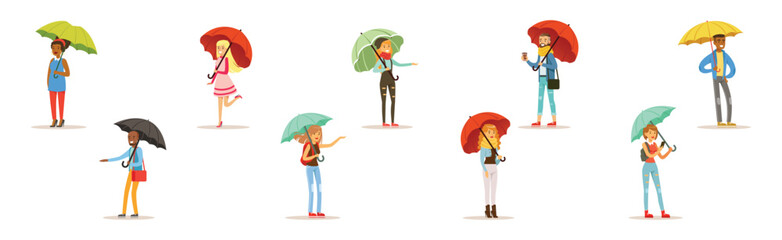 Poster - People Character with Umbrella Walk in Rainy Day Vector Set