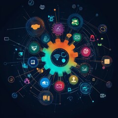Poster - A digital cogwheel with a network of icons and symbols representing technology and connectivity in the digital world.