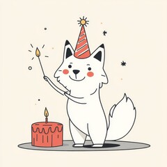 stickers with cute animals, fox celebrating a birthday. drawing of  animal on a light background front view.  autumn and winter drawings with animals. funny  isolated on background