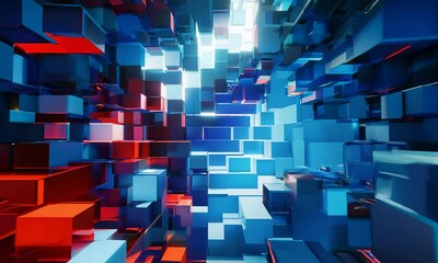 Poster - A digital space filled with glowing blue and red cubes, creating a futuristic and abstract feel. The perspective is from inside the space, looking towards a bright light source.