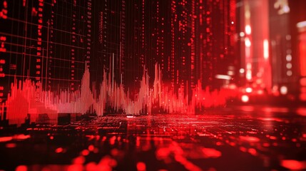 Poster - An abstract digital visual showcasing red graph lines against a fluctuating background symbolizes financial trends.