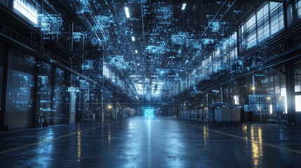 Poster - This high-tech industrial scene shows floating digital data and blue light, representing modern manufacturing technology.