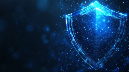 A vibrant blue digital shield symbolizes cybersecurity, with a network of circuits showcasing protection and technological security.