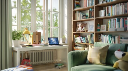 Canvas Print - Cozy Living Room with Bookshelf and Desk