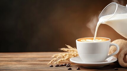 A milk jug pouring into a coffee cup on a wooden table,rustic coffee setting