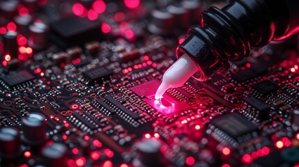 Poster - A detailed close-up of a circuit board, featuring glowing red lights and a dropper, highlighting technological precision.