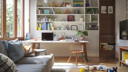 Canvas Print - Modern living room with a desk, couch, and a bookcase.