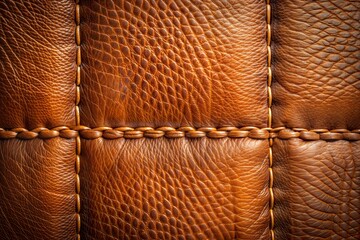 Wall Mural - Close-up of stitched brown leather showing natural grain and texture